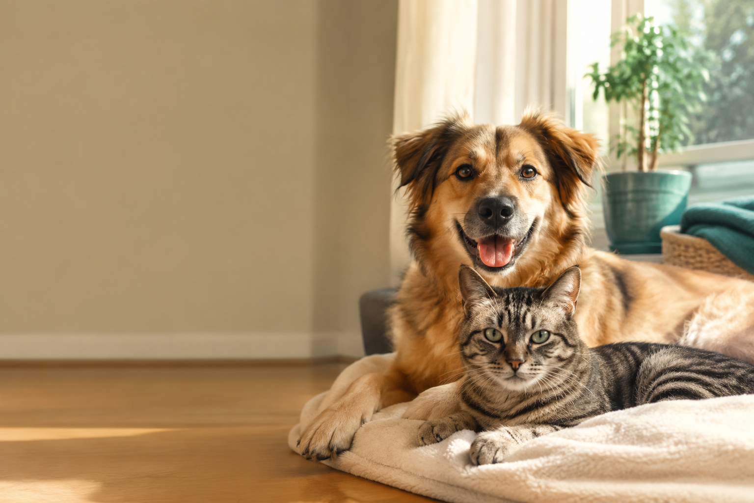 A happy dog and relaxed tabby cat resting together at home